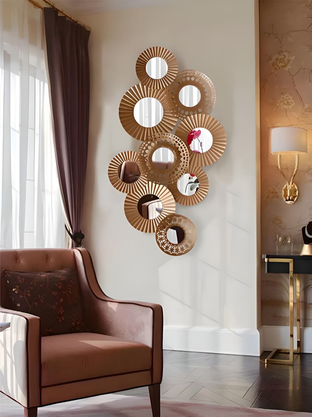 

THE HANDMADE FLAIR Gold Toned Textured Decor Wall Mirror