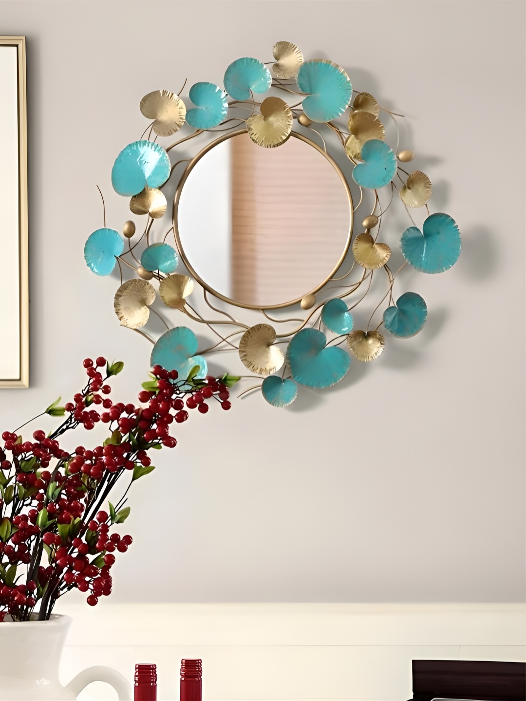 

THE HANDMADE FLAIR Blue Decor & Silver Toned Wall Mirror