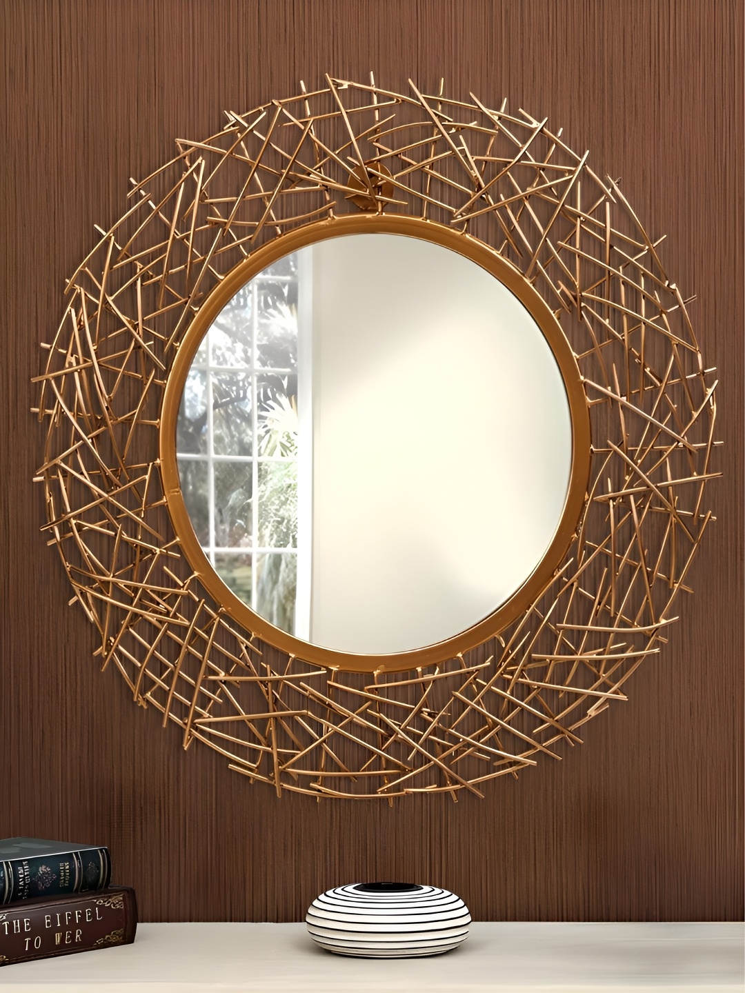 

THE HANDMADE FLAIR Gold Toned Metal Round Shaped Wall Mirror