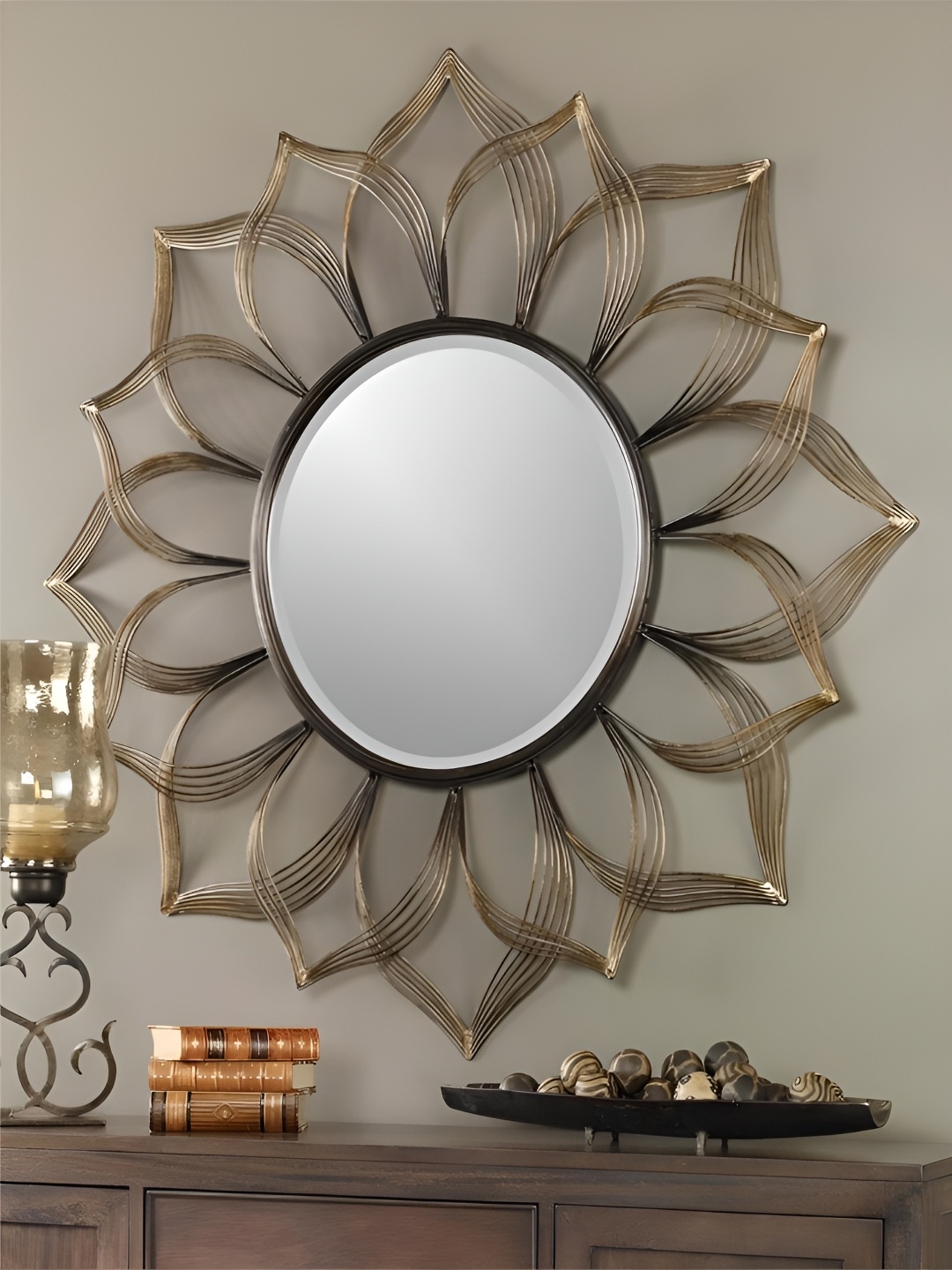 

THE HANDMADE FLAIR Gold Toned Solid Flower-Shaped Mirror