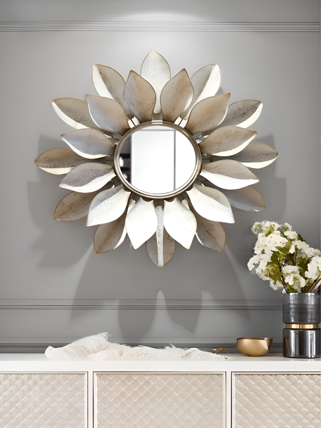 

THE HANDMADE FLAIR White Floral Decorative Mirror Frame, Gold