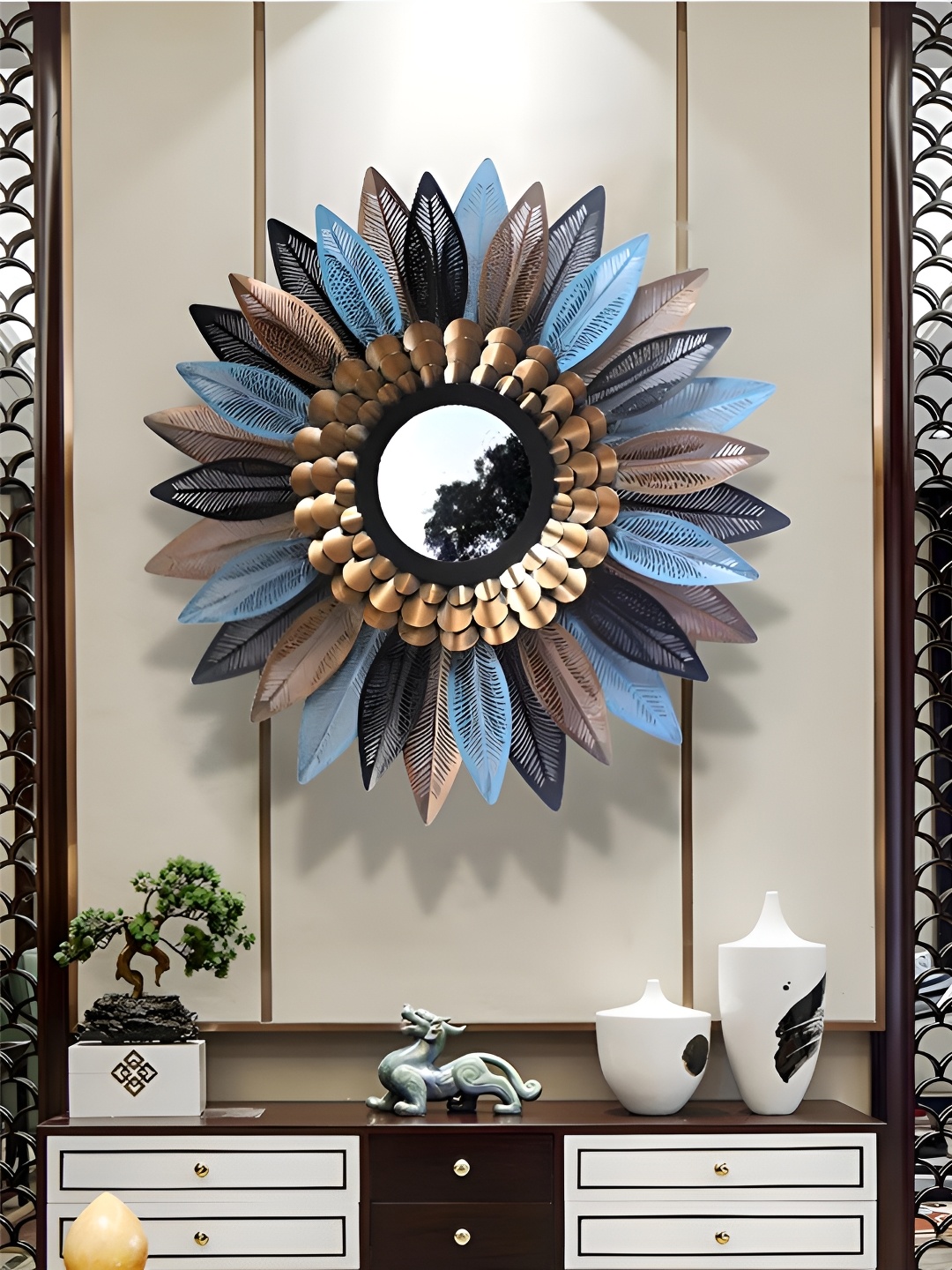

THE HANDMADE FLAIR Blue & Brown Textured Decor Wall Mirror