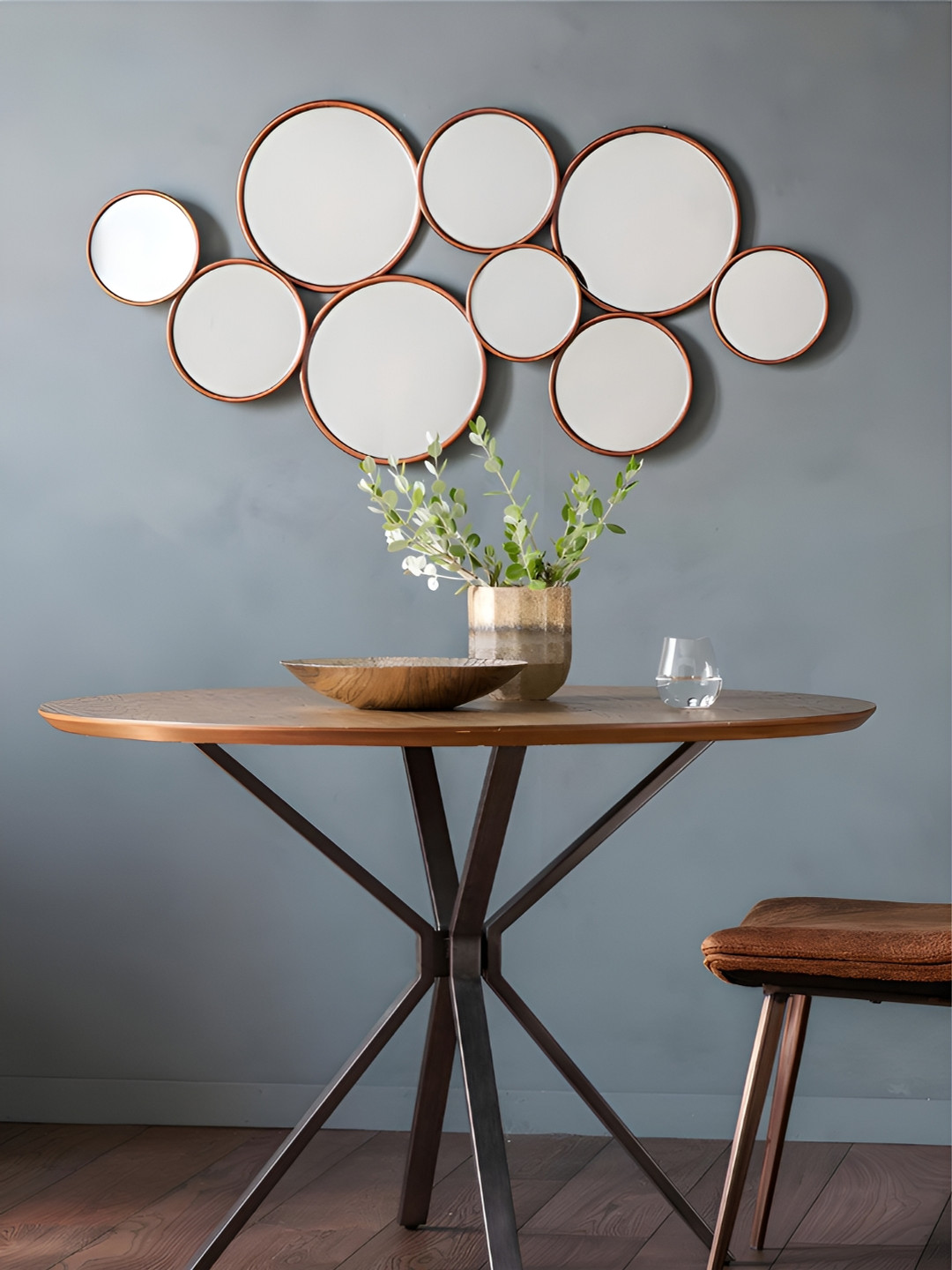 

THE HANDMADE FLAIR Brown & Silver Toned Round Shaped Wall Mirror