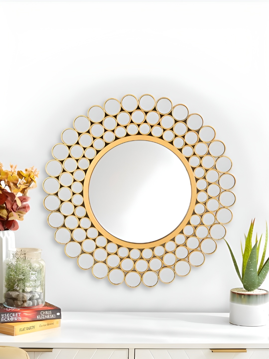 

THE HANDMADE FLAIR Gold Toned & White Textured Abstract Irregular Wall Mirror