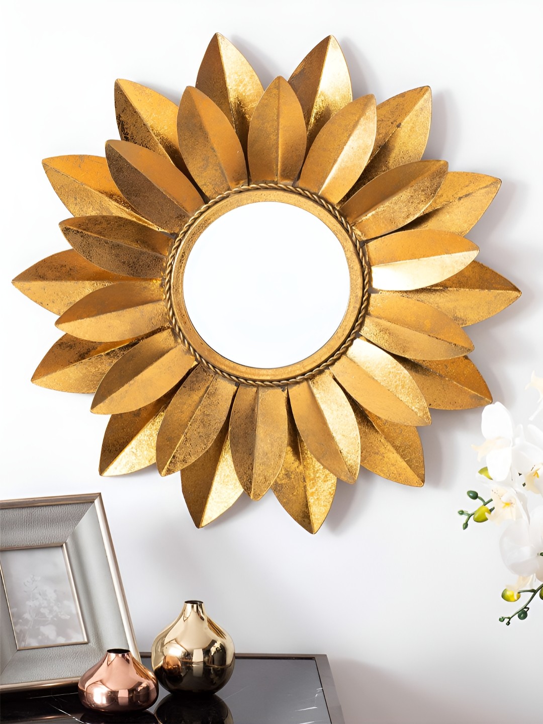 

THE HANDMADE FLAIR Gold Toned & Silver Toned Decor Wall Mirror