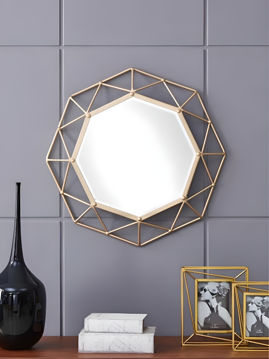 

THE HANDMADE FLAIR Gold Toned Geometric Shaped Wall Mirror