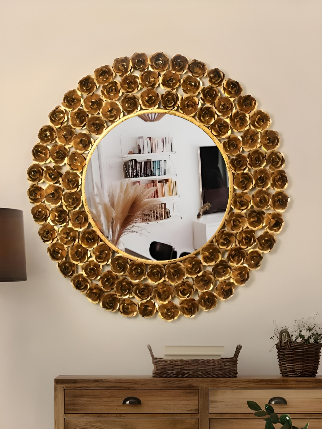 THE HANDMADE FLAIR Brown & Gold Toned Textured Round Shaped Wall Mirror