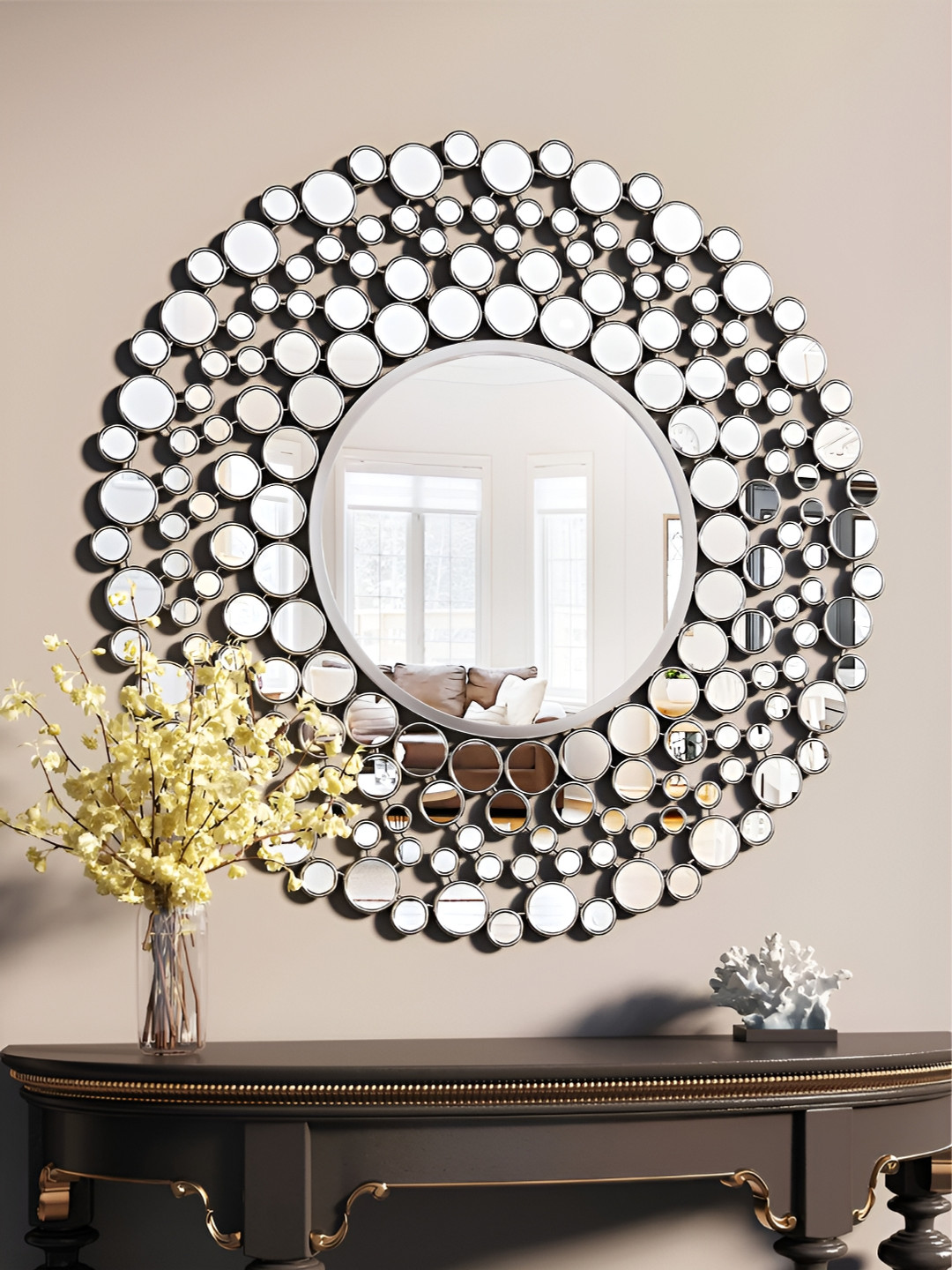 

THE HANDMADE FLAIR Silver Toned Textured Round Shaped Wall Mirror