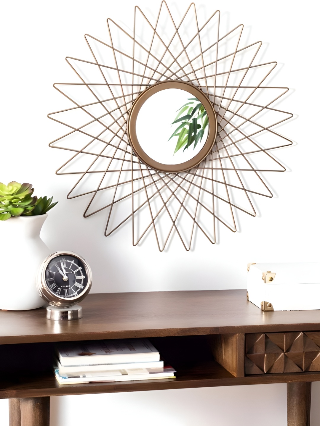 

THE HANDMADE FLAIR Gold Toned Metal Round Shaped Decorative Mirror