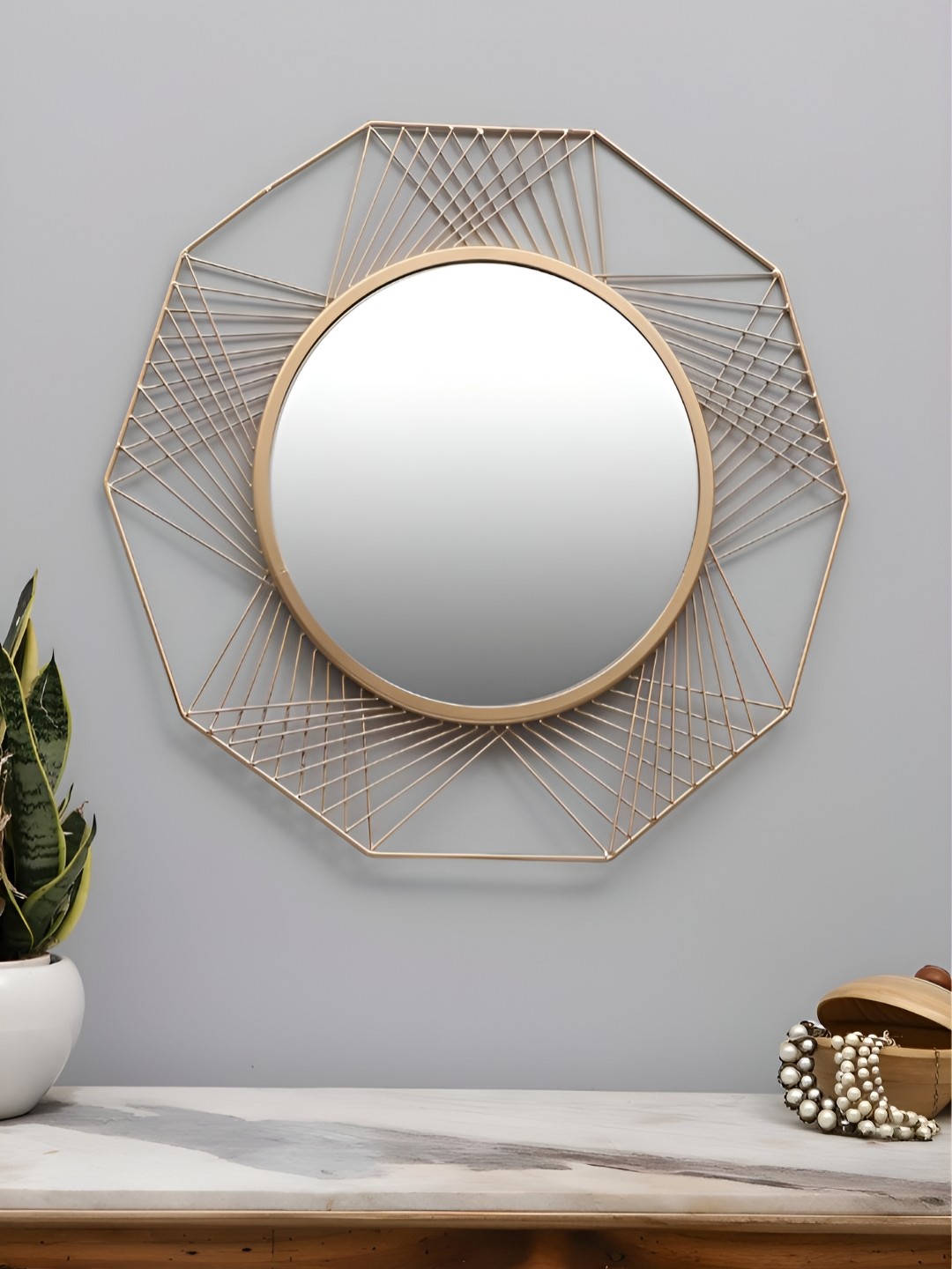 

THE HANDMADE FLAIR Gold Toned Textured Round Decorative Wall Mirror