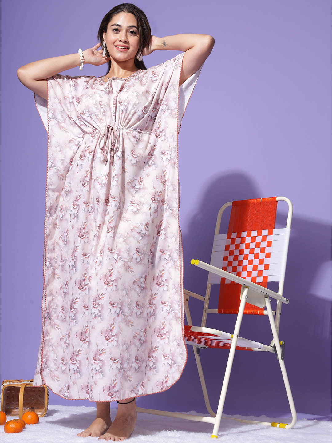 

9shines Label Floral Print Flared Sleeve Tie-Up Kaftan, Khaki