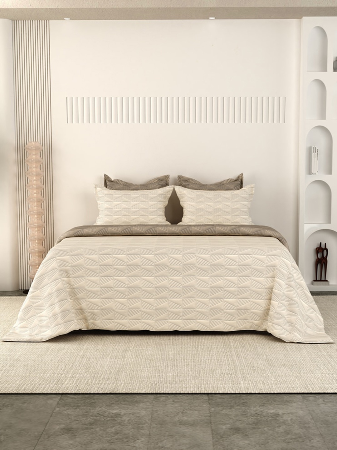 

LABHAM Beige Self Design Cotton Double King Bed Cover With 2 Pillow Covers