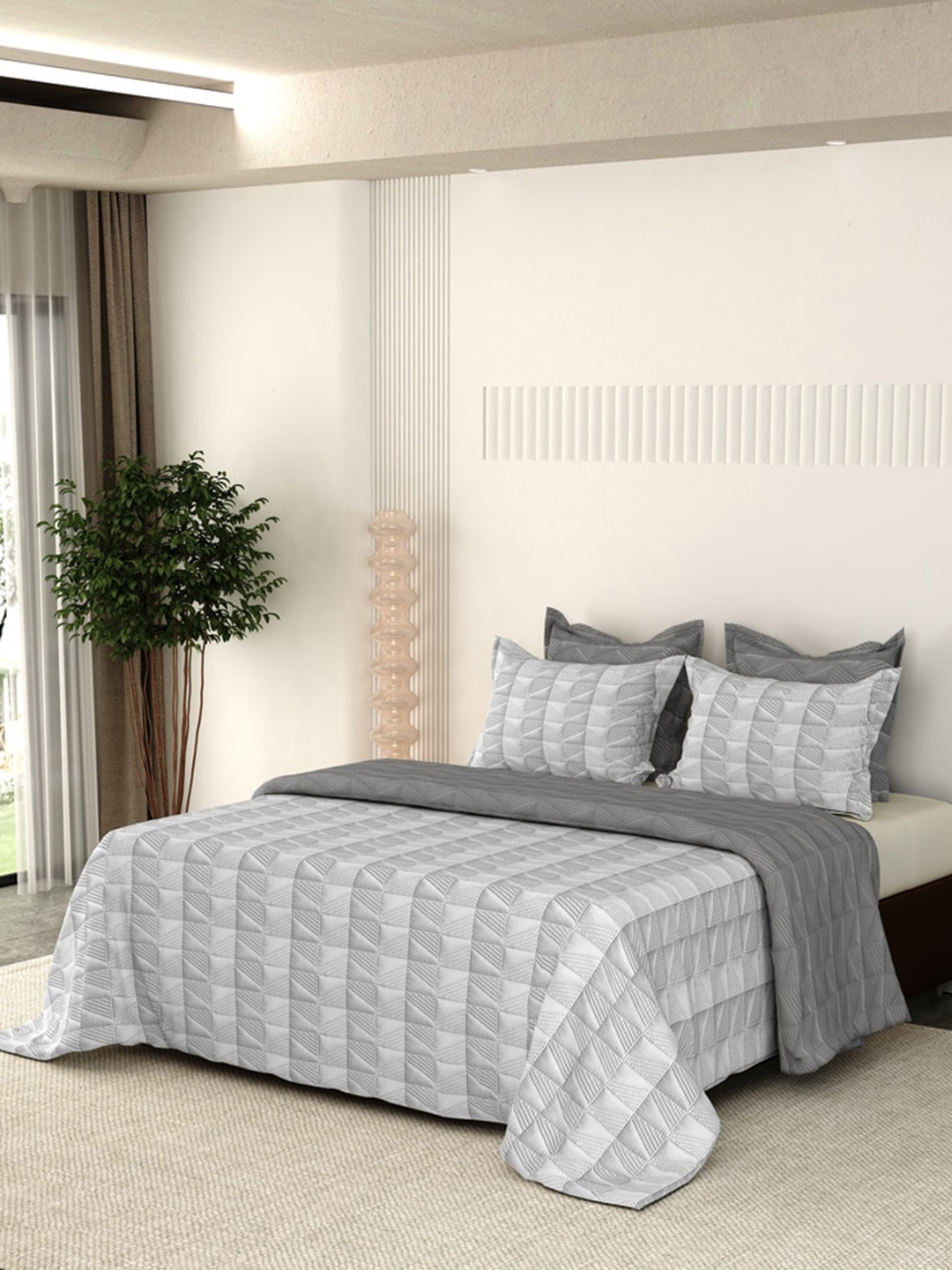 LABHAM Grey Geometric Cotton Double King Bed Cover With 2 Pillow Covers