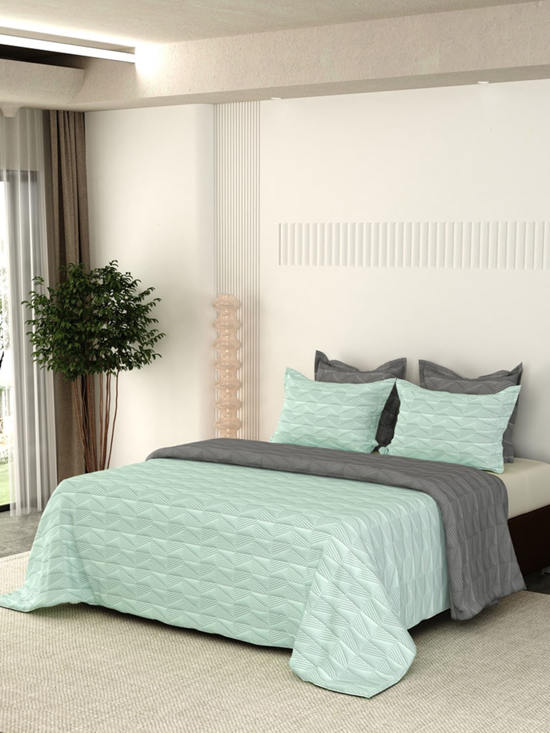 

LABHAM Green & Grey Quilted Cotton Double King Bed Cover With Pillow Covers