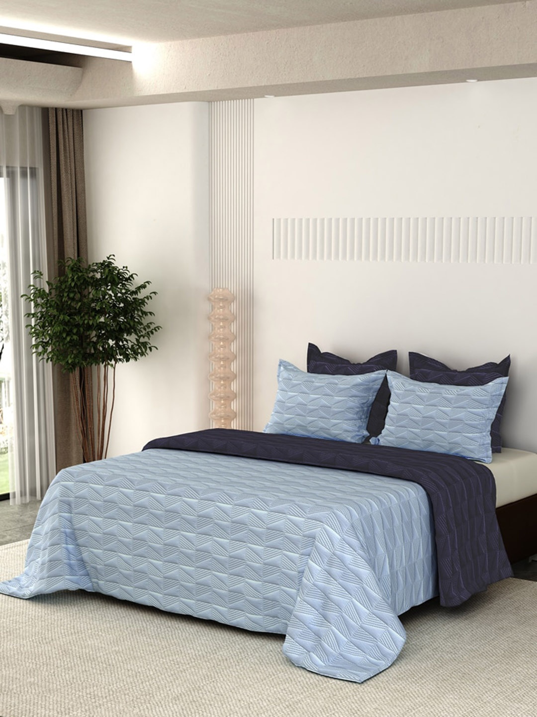 

LABHAM Blue Geometric Printed Pure Cotton Bedcover With 2 Pillow Set