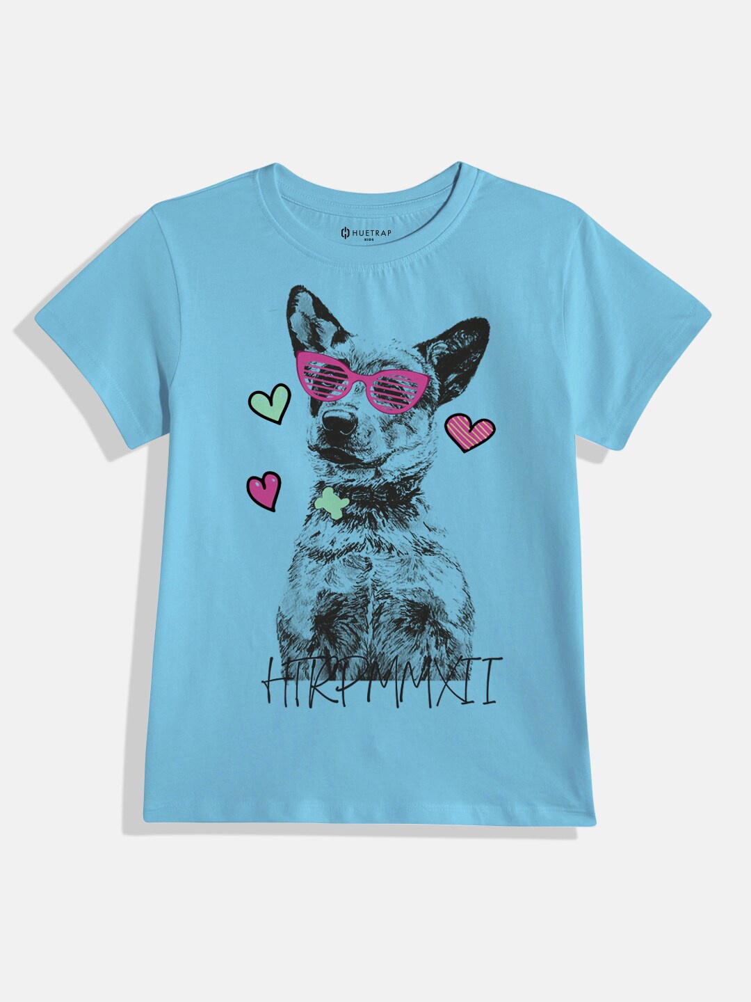 

Huetrap Girls Printed Cotton T-shirt, Turquoise blue