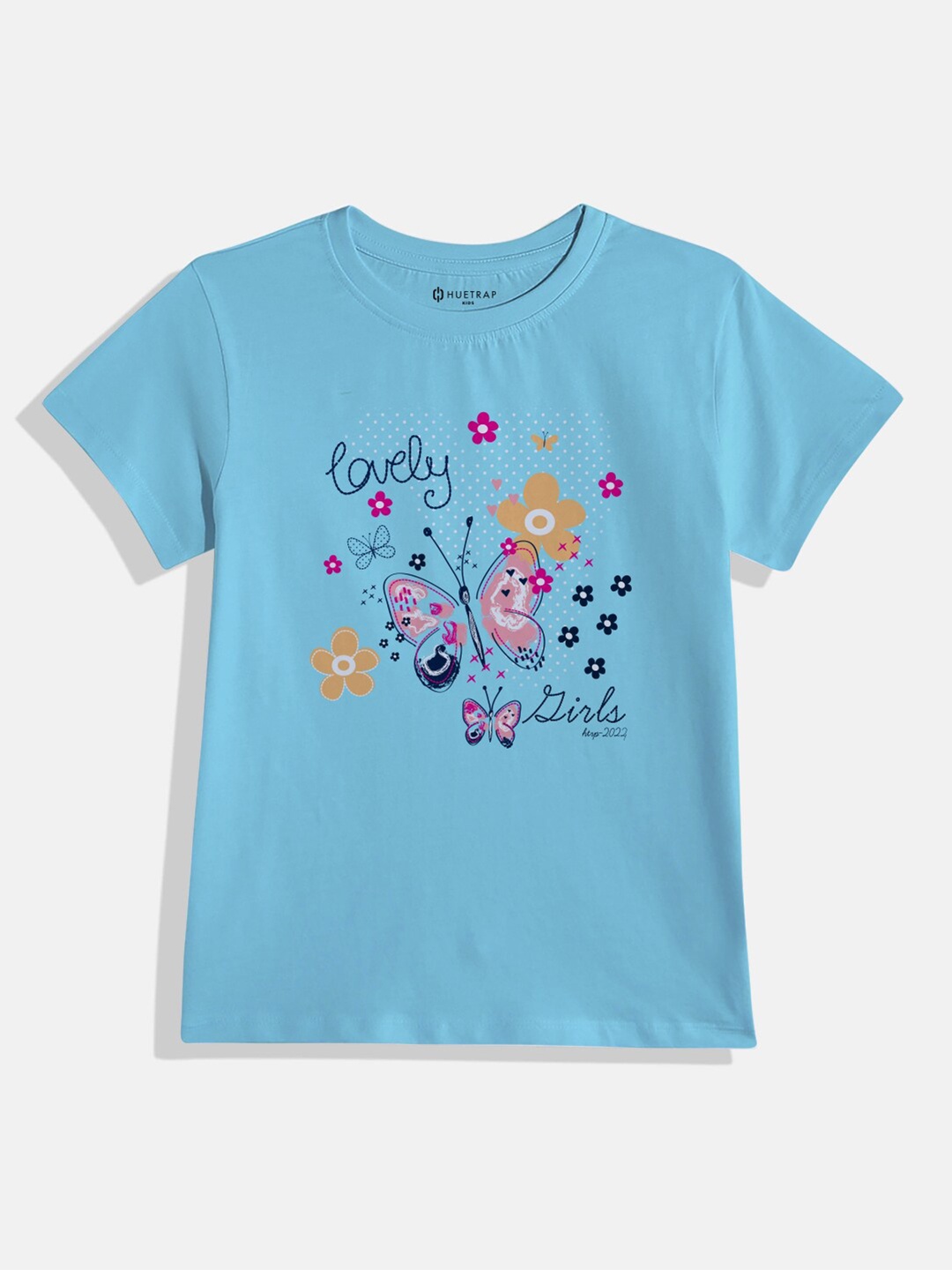 

Huetrap Girls Floral Printed Cotton T-shirt, Turquoise blue
