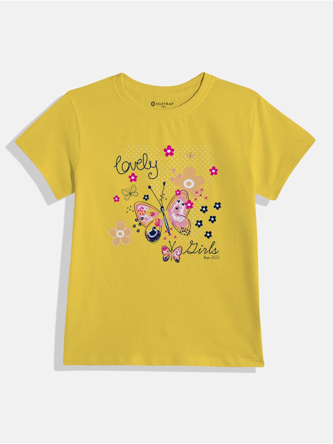 

Huetrap Girls Graphic Printed Pure Cotton T-shirt, Yellow