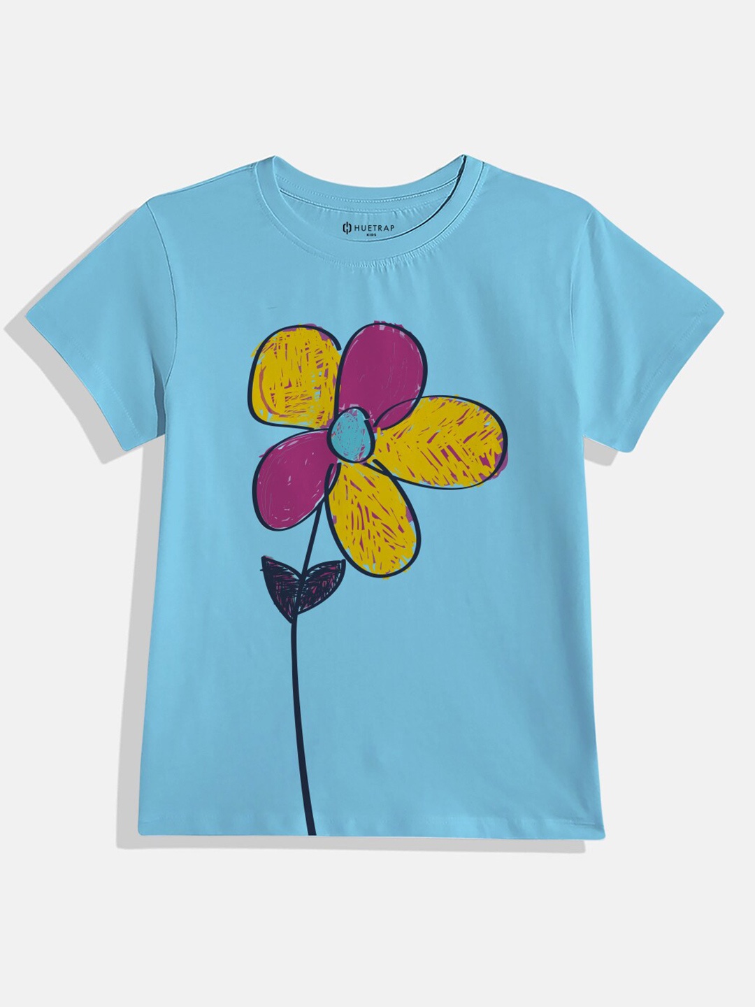 

Huetrap Girls Floral Printed Short Sleeves Pure Cotton T-shirt, Turquoise blue