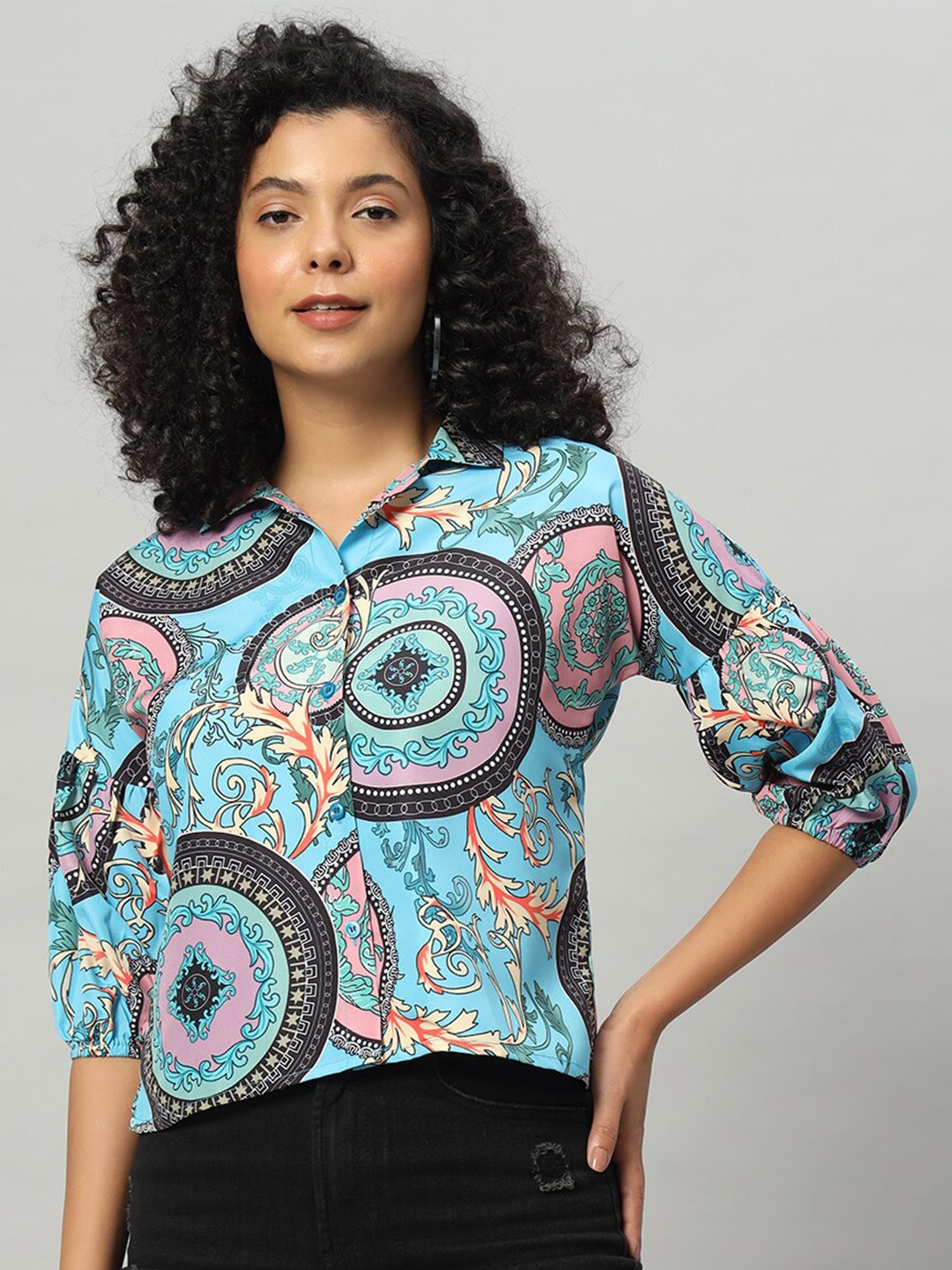 

Funday Fashion Ethnic Motifs Printed Regular Fit Satin Casual Shirt, Blue