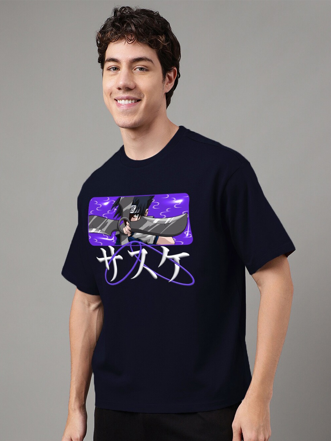 Free Authority Naruto Printed Pure Cotton Loose Fit T-shirt, Navy blue
