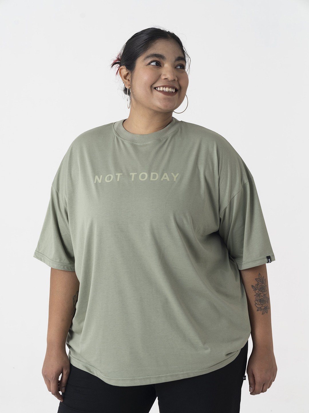 

SPIRIT ANIMAL Women Typography Printed Raw Edge T-shirt, Olive