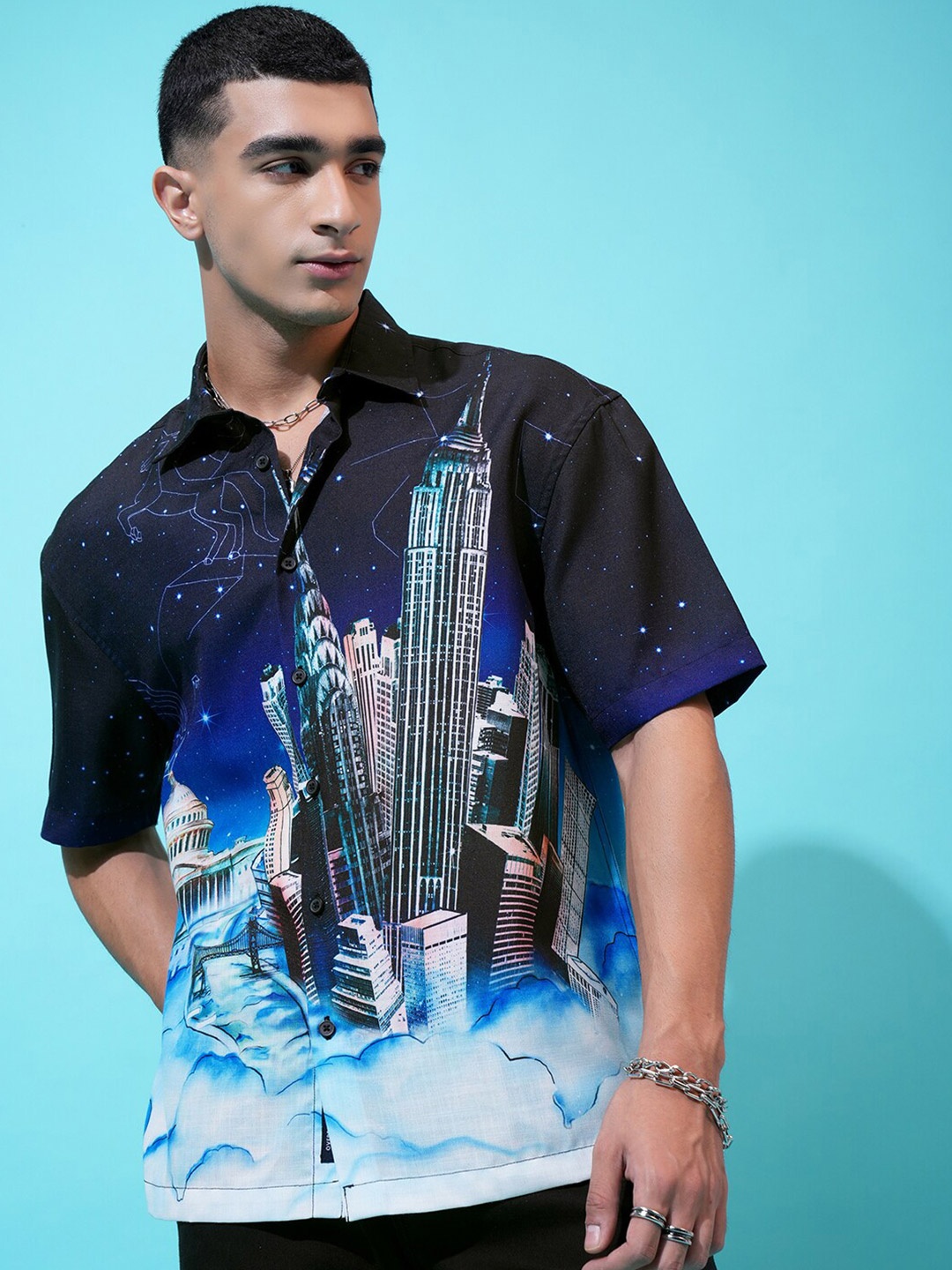 

HIGHLANDER Drop Shoulder Sleeves Oversized Shirt, Blue
