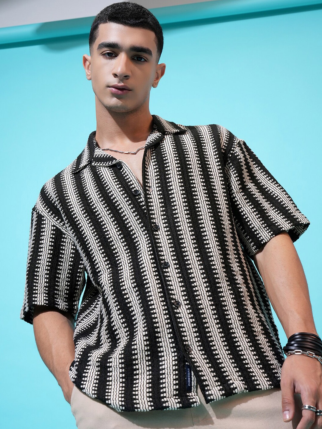 

HIGHLANDER Textured Crochet Cuban Collar Oversized Shirt, Black