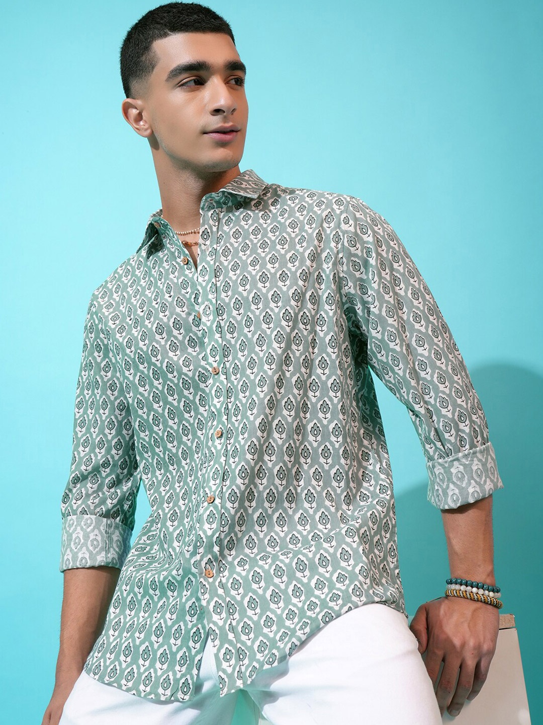 

HIGHLANDER Slim Fit Floral Printed Cotton Casual Shirt, Teal