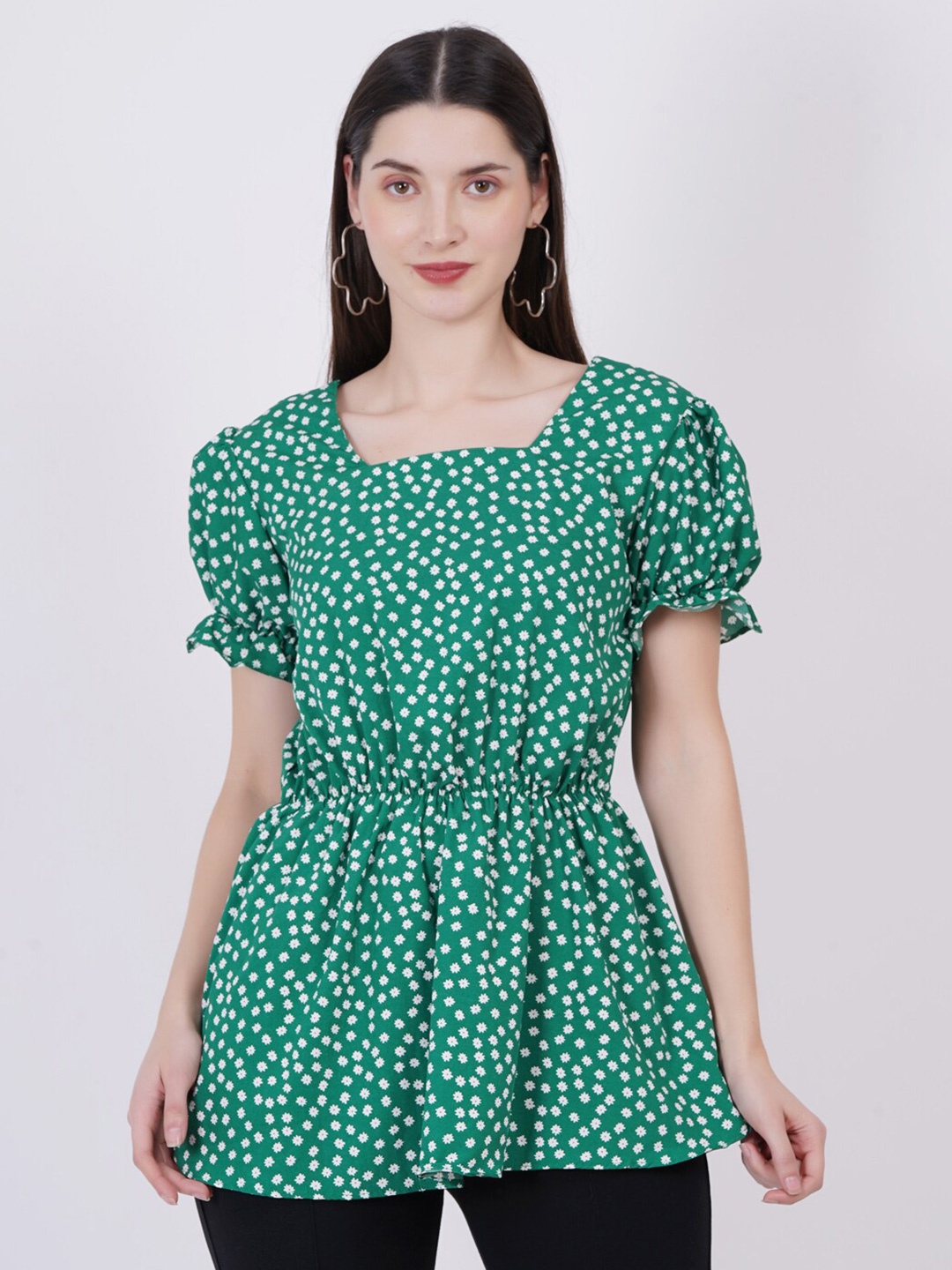 

Tulip Eden Polka Dot Printed Puff Sleeve Crepe Cinched Waist Top, Green