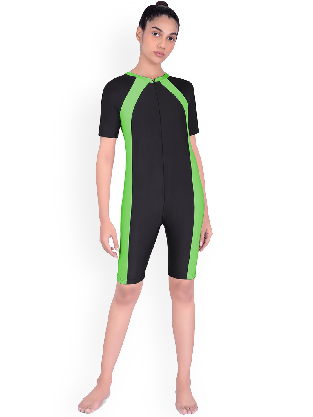 

Fiesta Clara Colourblocked Round Neck Swim Leg Suit, Black