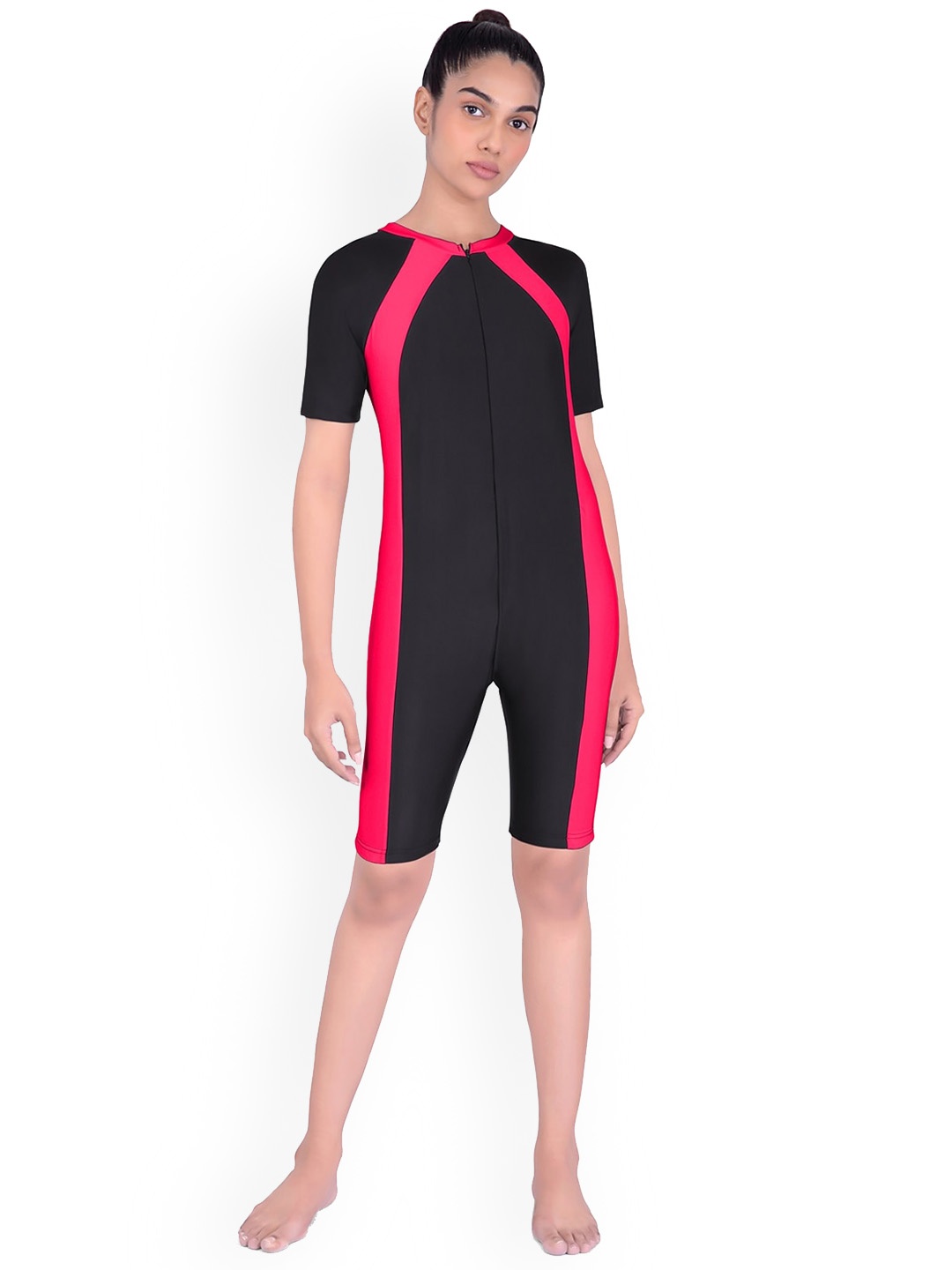 

Fiesta Clara Colourblocked Round Neck Swim Leg Suit, Black