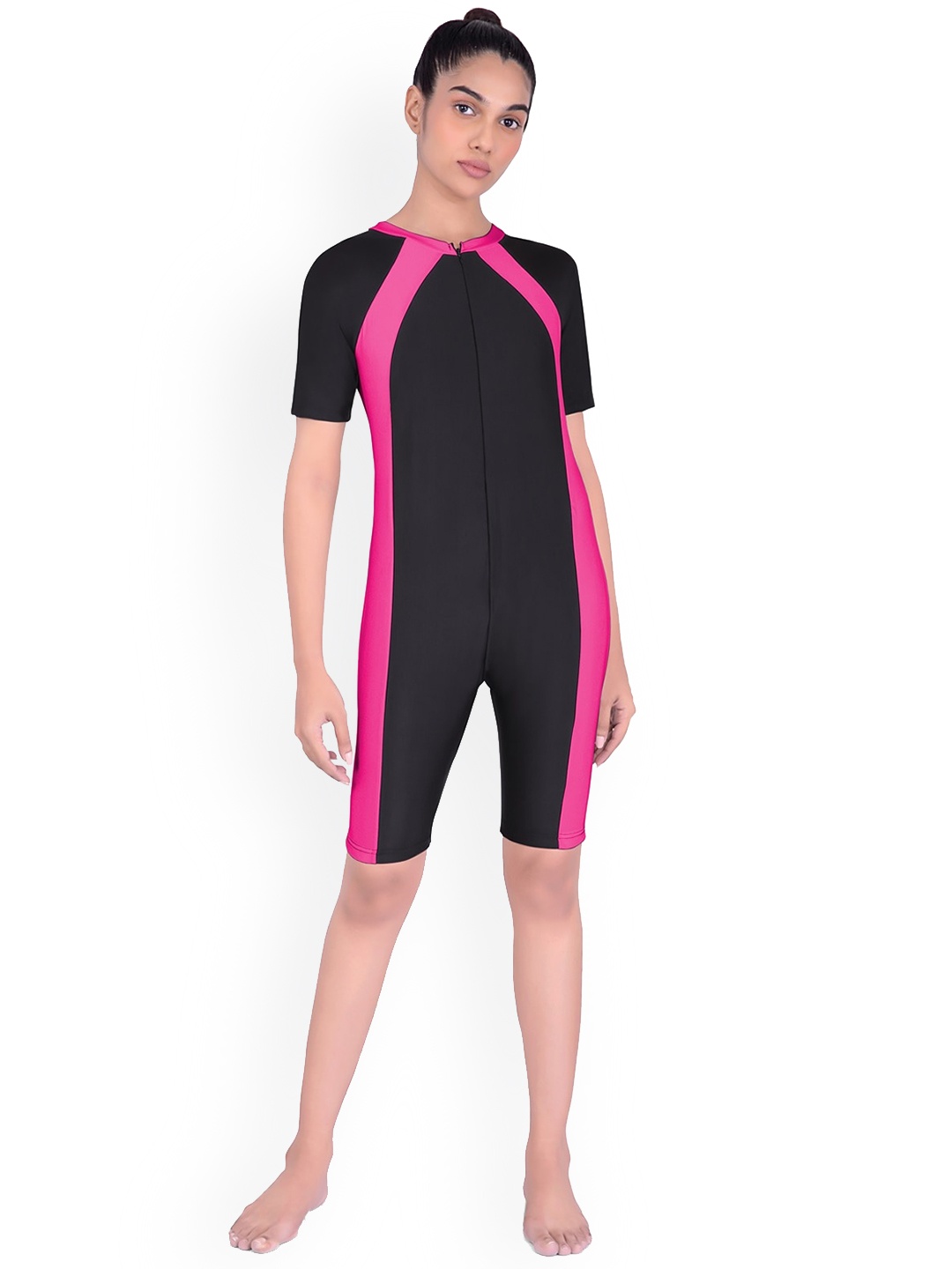 

Fiesta Clara Colourblocked Round Neck Swim Leg Suit, Black