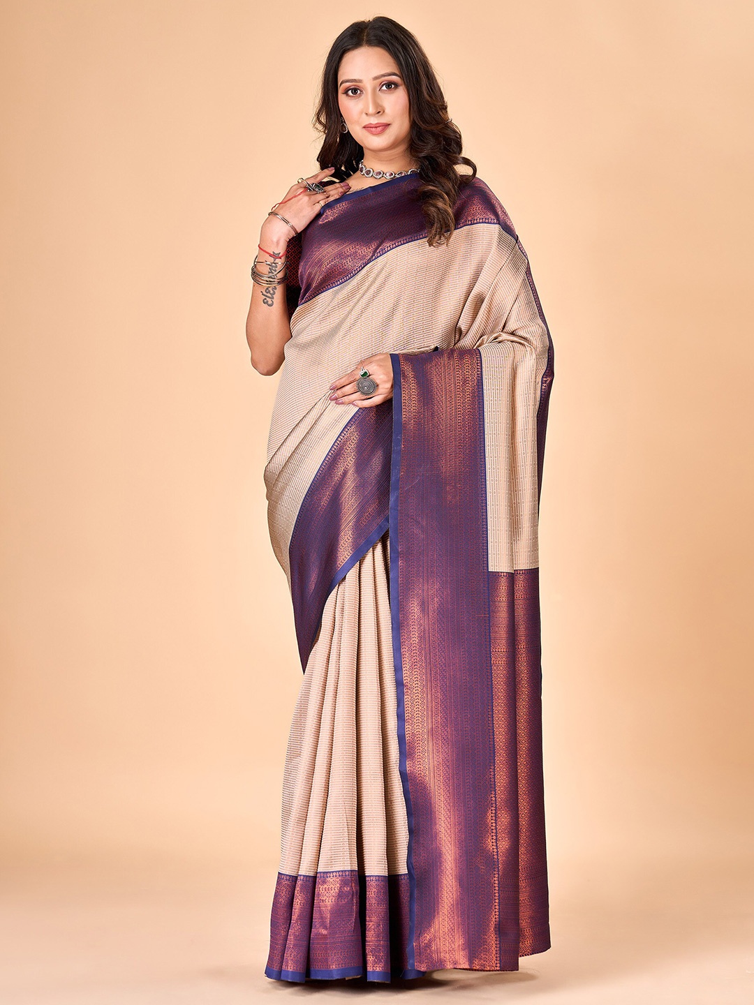 

flaher Woven Design Zari Pure Silk Banarasi Saree, Cream