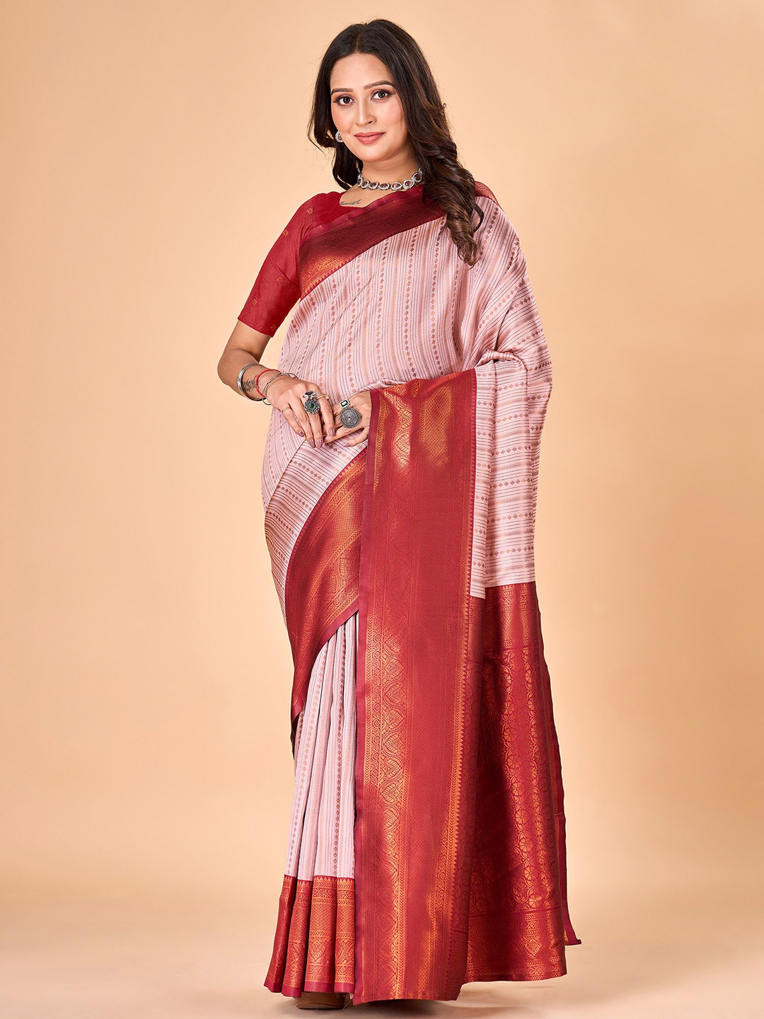 

flaher Ethnic Motifs Woven Design Zari Pure Silk Kanjeevaram Saree, Pink