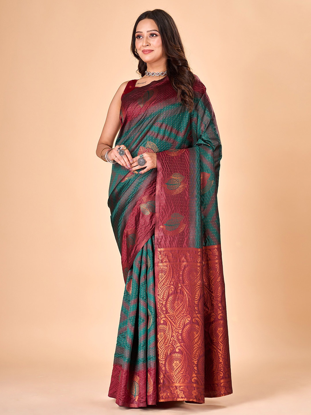 

flaher Ethnic Motifs Woven Design Zari Pure Silk Banarasi Saree, Turquoise blue