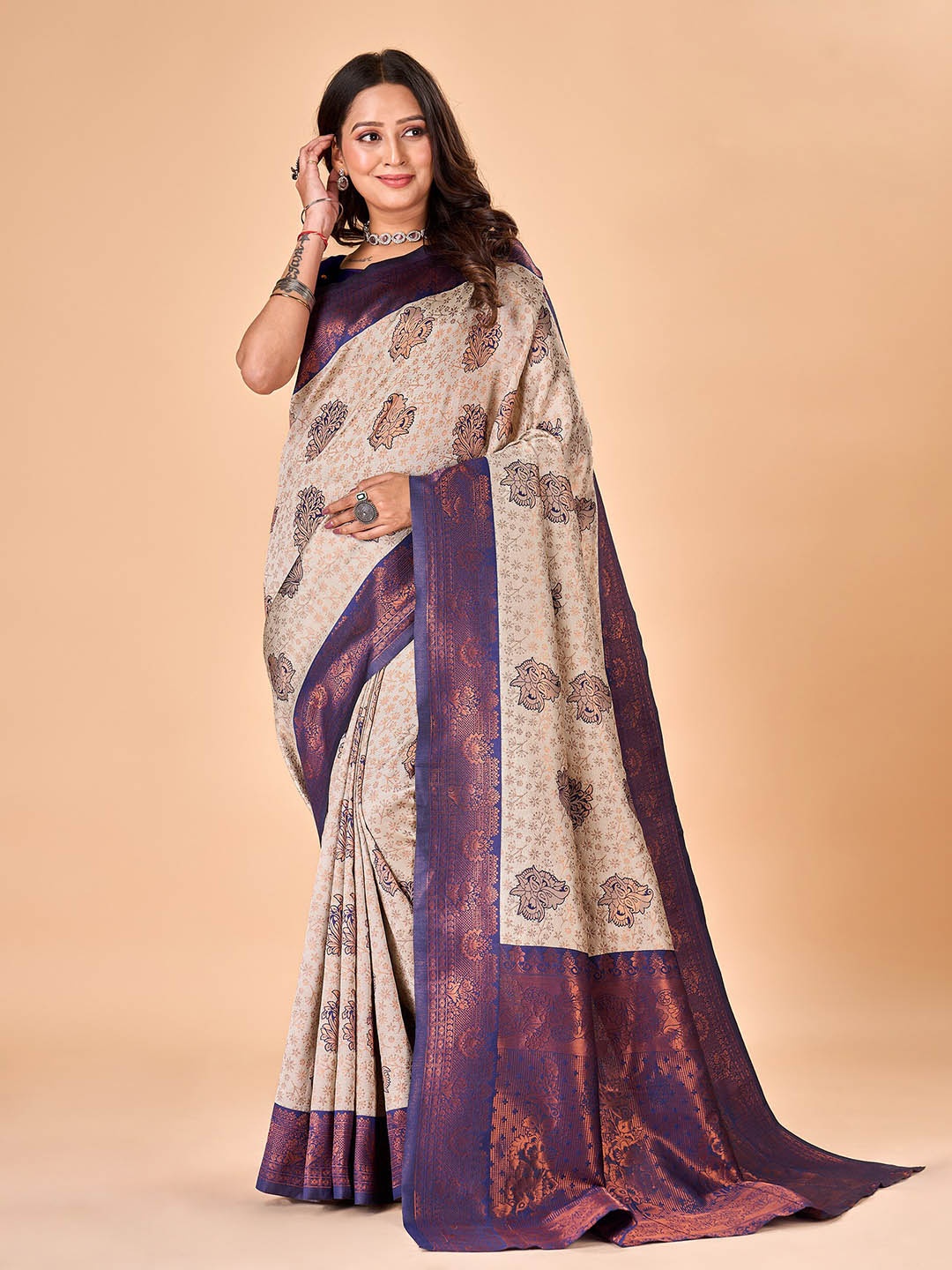 

flaher Ethnic Motifs Woven Design Zari Pure Silk Banarasi Saree, Cream