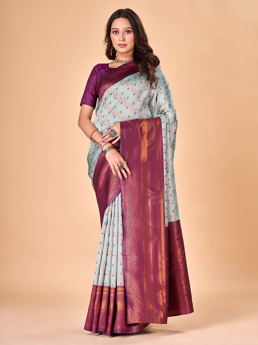 

flaher Ethnic Motifs Woven Design Zari Pure Silk Banarasi Saree, Blue
