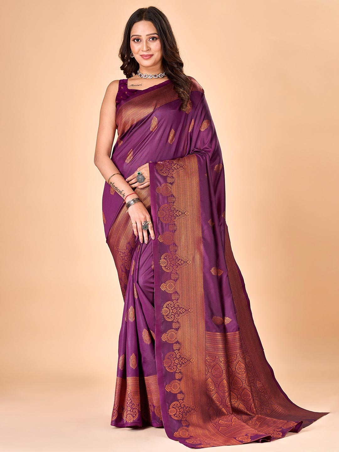 

flaher Ethnic Motifs Woven Design Zari Pure Silk Kanjeevaram Saree, Magenta