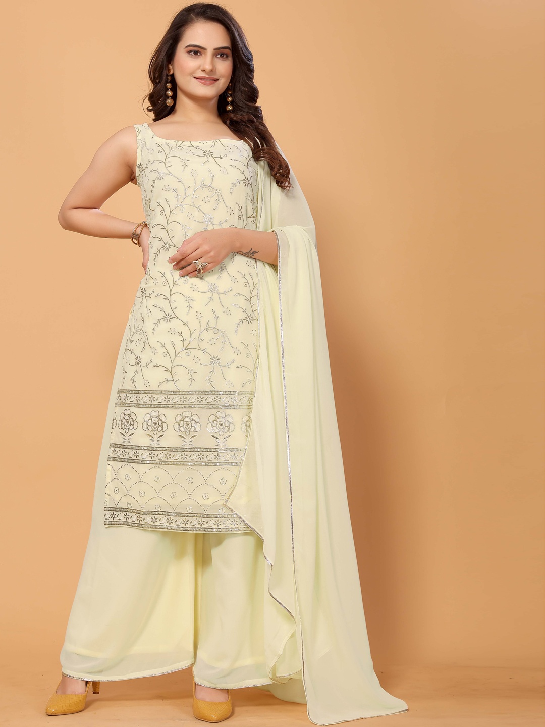 

ODD BY chansi TRENDZ Ethnic Motifs Embroidered Kurta With Palazzos & Dupatta, Yellow