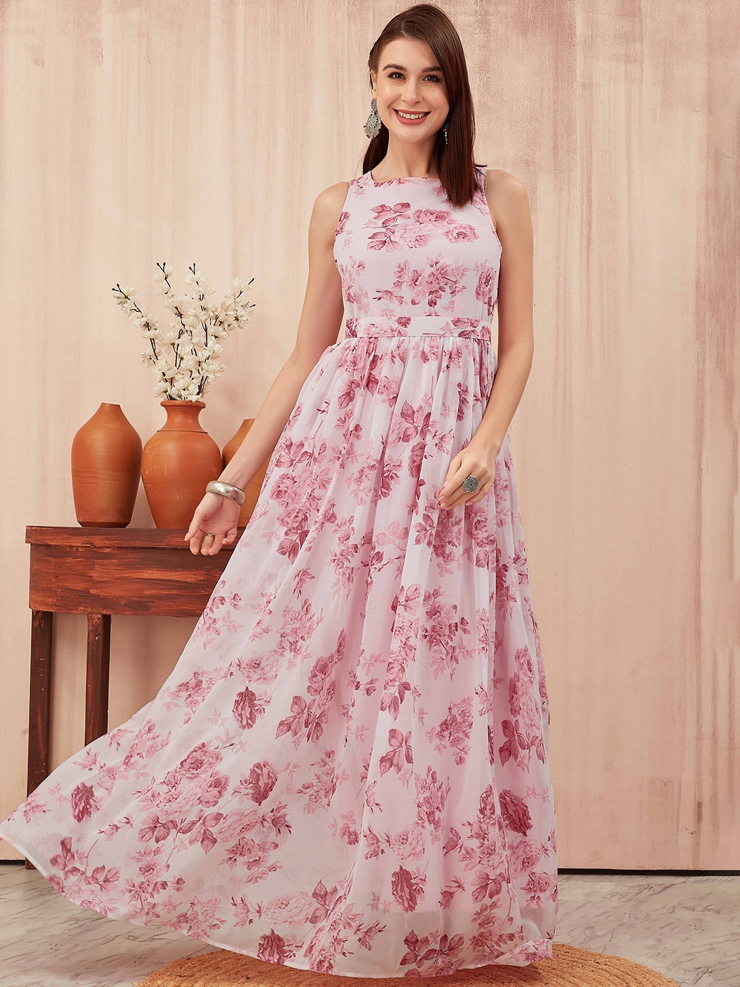 

ODD BY chansi TRENDZ Flared Printed Maxi Length Georgette Dress, Pink