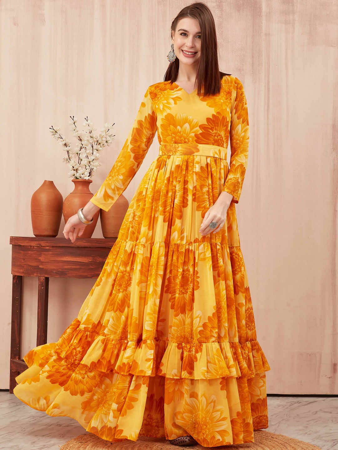 

ODD BY chansi TRENDZ Floral Printed Belted Georgette Layered Tiered Gown Ethnic Dress, Mustard