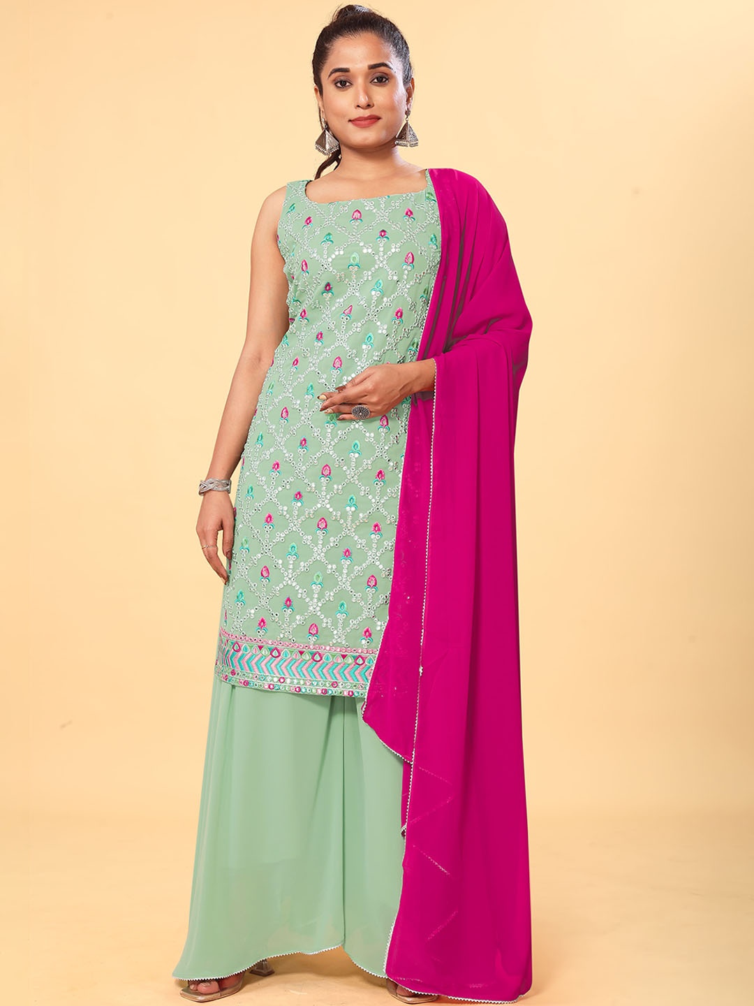 

ODD BY chansi TRENDZ Ethnic Motifs Embroidered Mirror Work Kurta with Palazzos & Dupatta, Green