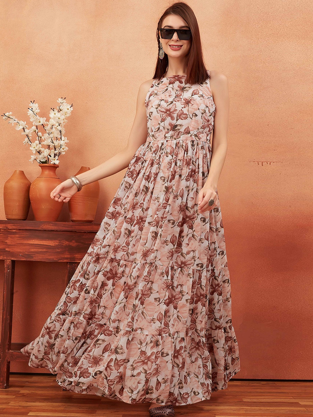 

ODD BY chansi TRENDZ Floral Printed Belted Georgette Tiered Gown Ethnic Dress, Peach
