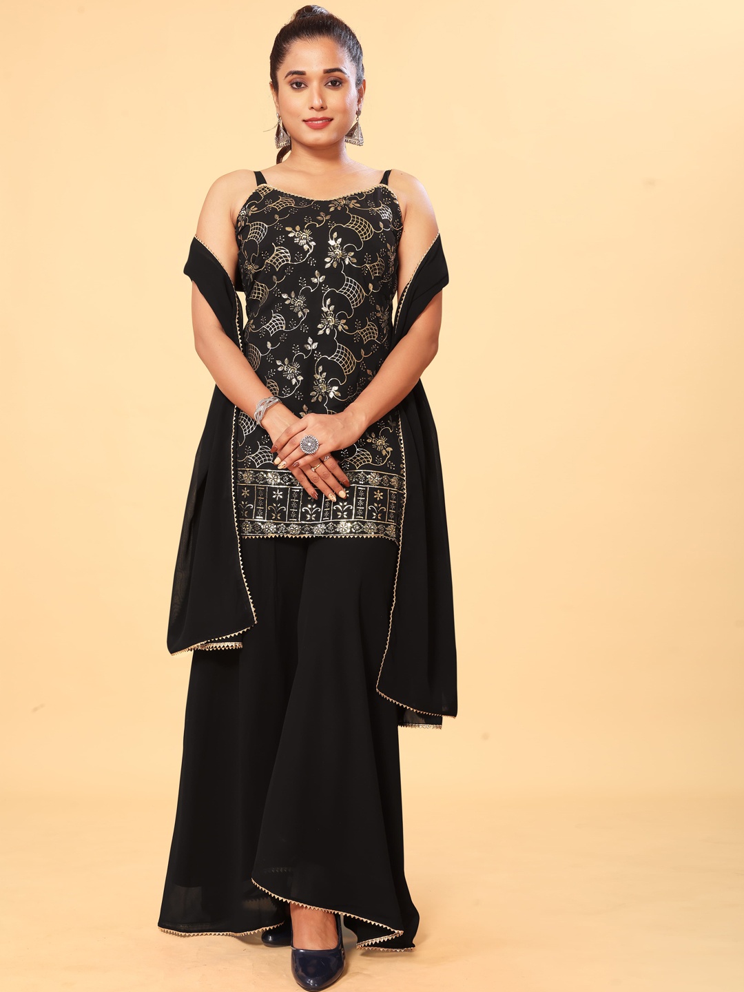 

ODD BY chansi TRENDZ Embroidered Gotta Patti Georgette Kurti with Palazzos & Dupatta, Black