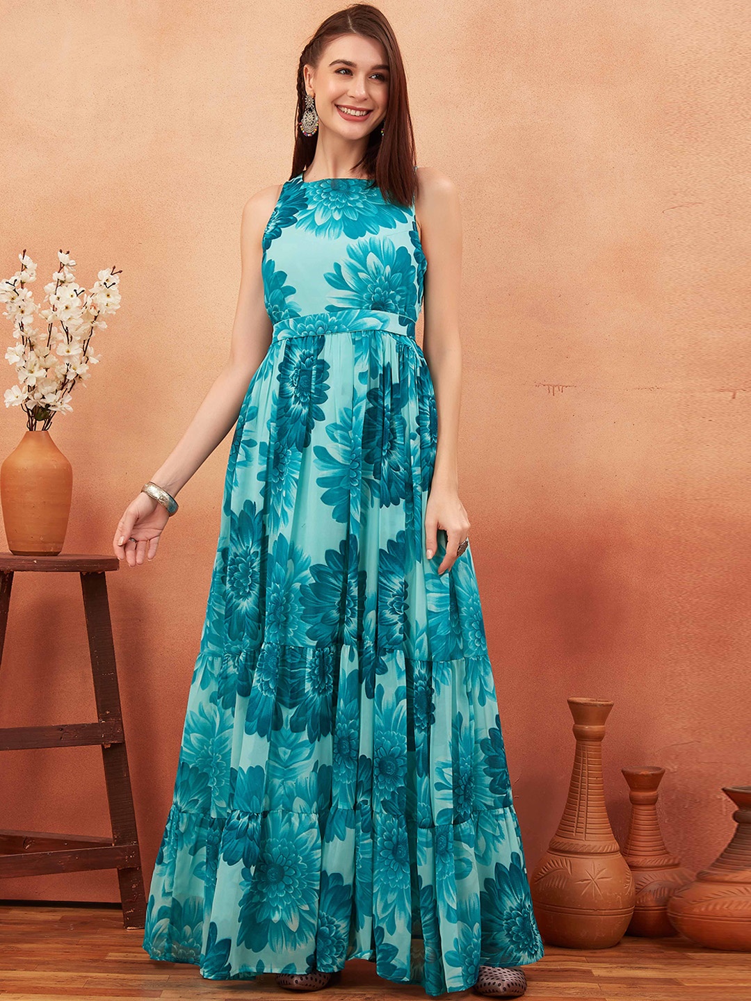 

ODD BY chansi TRENDZ Floral Print Boat Neck Sleeveless Flared Georgette Gown Ethnic Dress, Turquoise blue