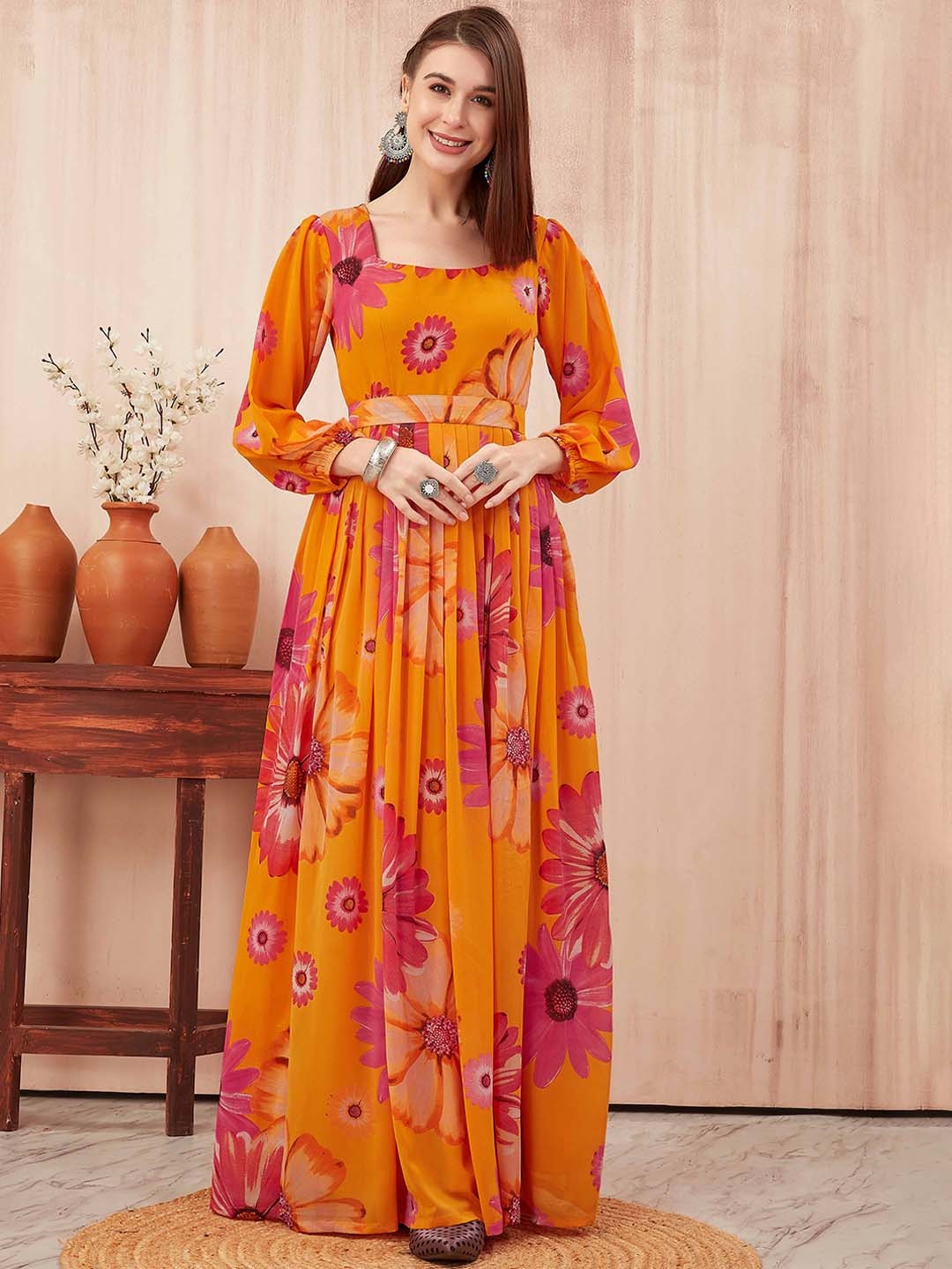 

ODD BY chansi TRENDZ Floral Printed Flared Georgette Maxi Length Dress, Mustard