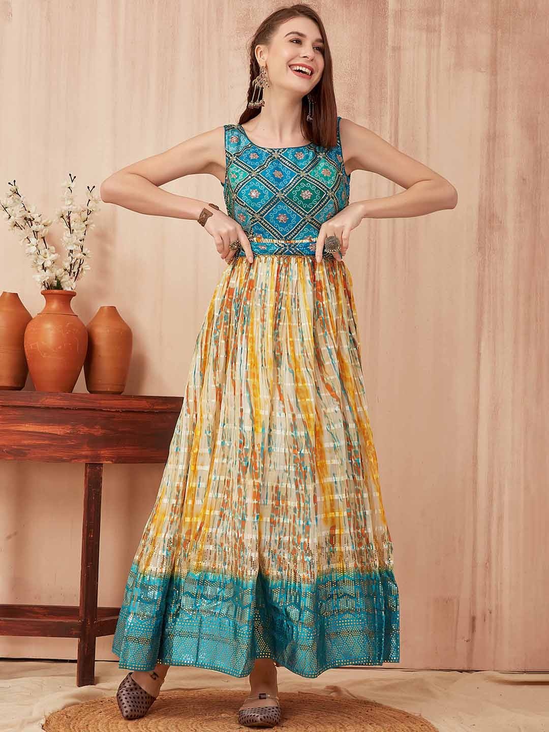 

ODD BY chansi TRENDZ Ethnic Motifs Printed Fit & Flare Flared Ethnic Dresses, Yellow