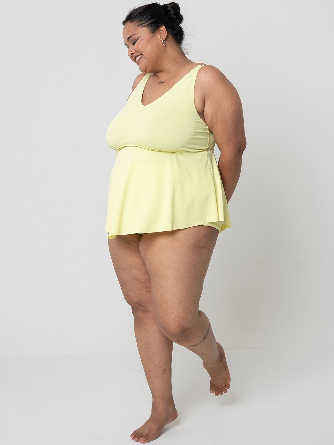 

SPIRIT ANIMAL Plus Size Adjustable Straps Tankini Swimwear With Attached Shorts, Yellow