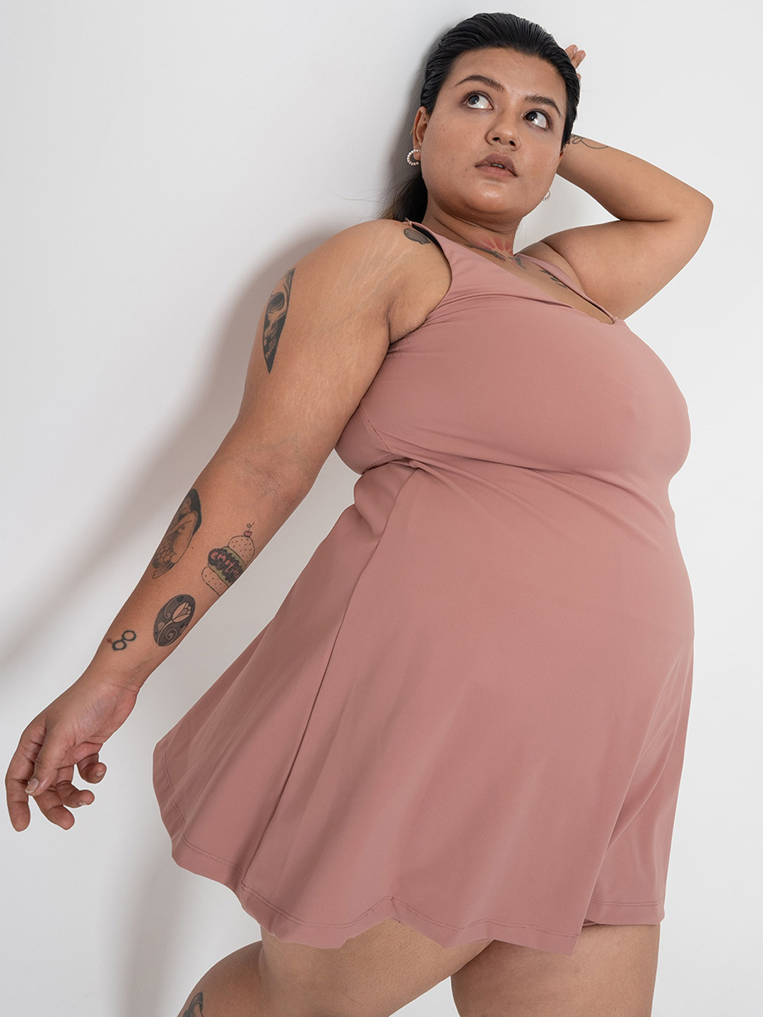 

SPIRIT ANIMAL Plus Size Lightly Padded Swimming Dress & Attached Shorts, Peach